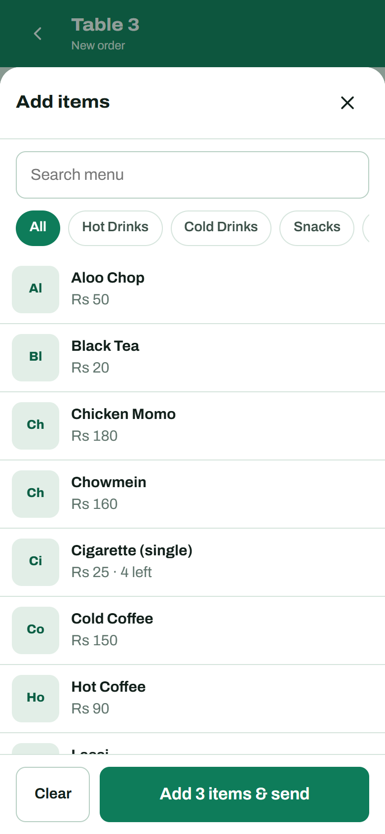 The waiter phone app adding items to Table 1